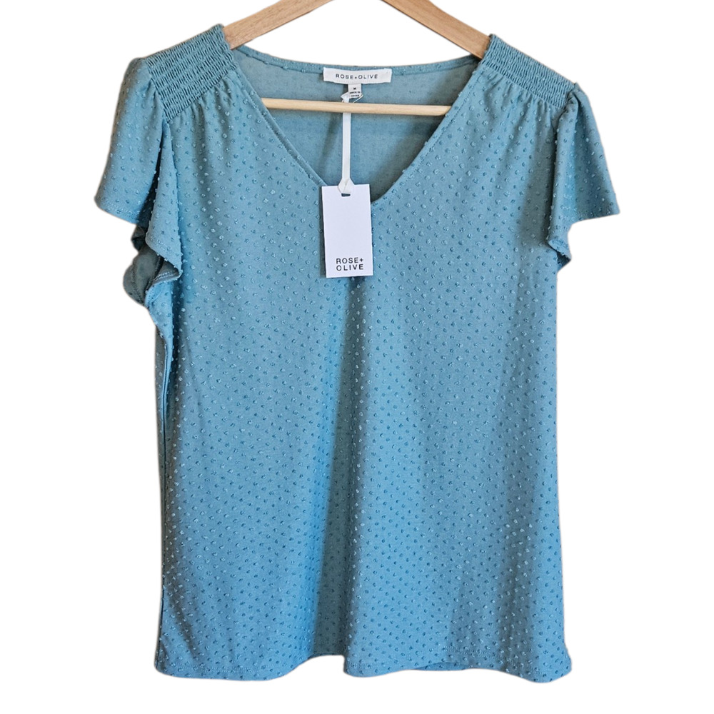 NEW! Rose + Olive Blue Green Swiss Dot Flutter Sleeve V-Neck Top Medium NWT